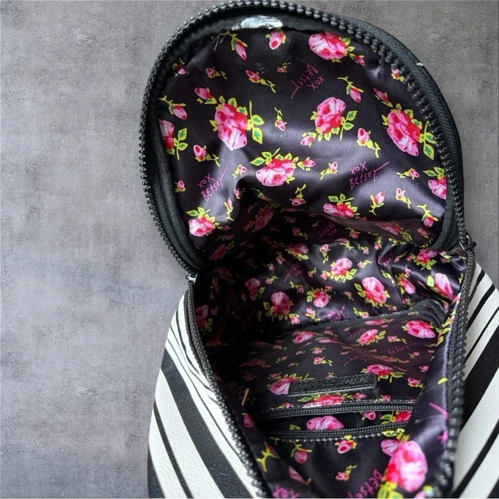Betsey Johnson Black & White Striped Backpack with Floral Lining